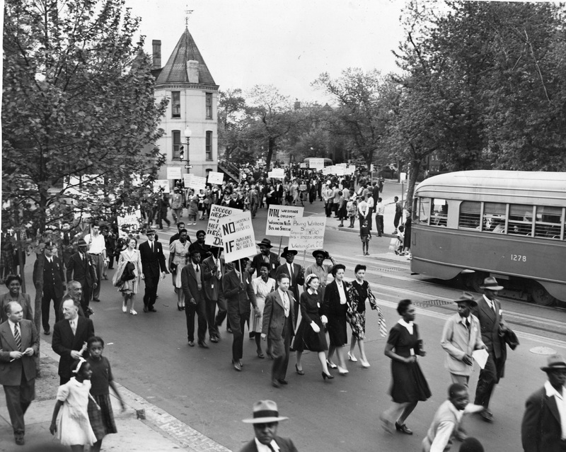 Protesters at 11th Street and Vermont Avenue NW, during a march against Capital Transit that Marie Richardson helped organize, May 1943.