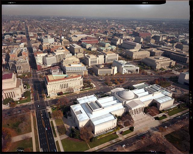 Aerial view of Washington, D.C., with National Gallery of art in foreground
